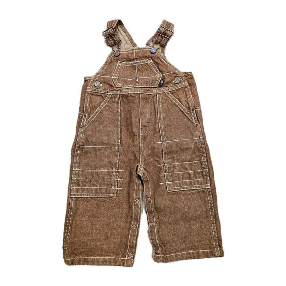 Vtg Baby Guess Bib Overalls Infant 12mos Brown Denim Logo Outdoor Farm Y2K 90s - Picture 1 of 7